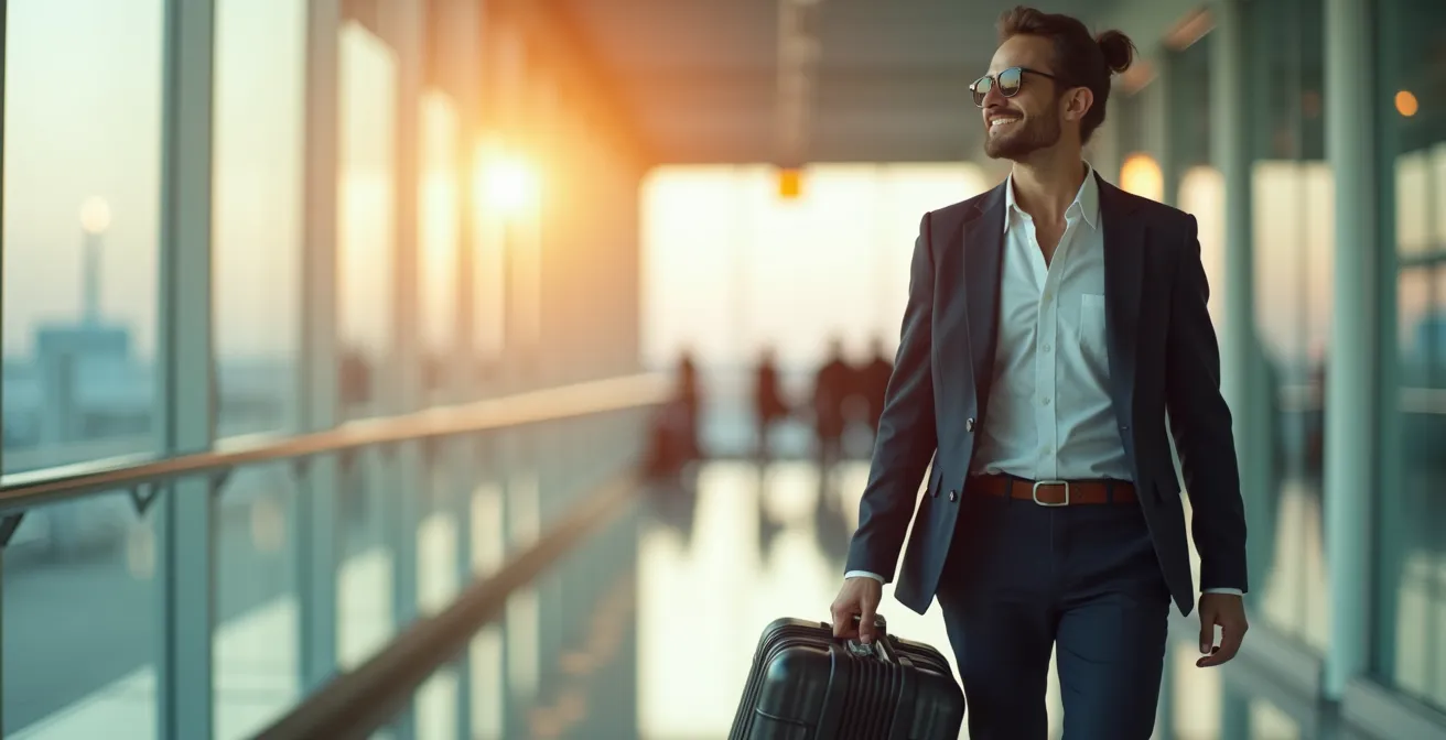 Voyageur sérein marchant vers la zone de départ après avoir réservé son parking, bagages en main, visage confiant
